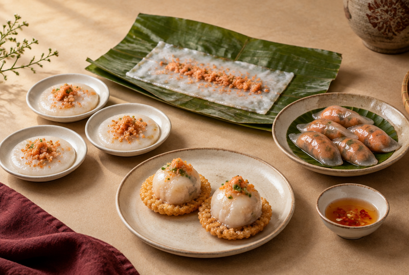 Bốn món bánh Huế: bánh bèo, bánh nậm, bánh bột lọc và ram ít