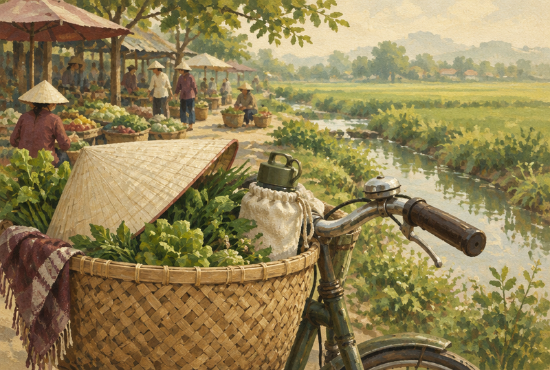 Tranh minh họa giỏ rau, nón lá và xe đạp gợi chuyến về làng quê Huế