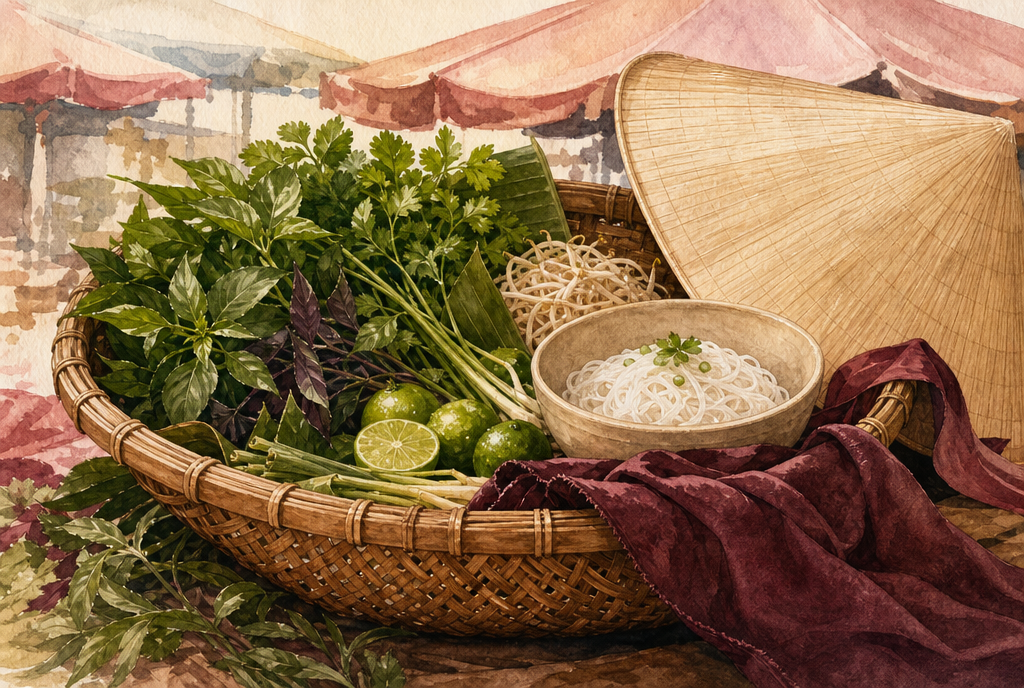 Tranh minh họa giỏ đi chợ, rau thơm, tô bún và nón lá trong tông màu kem đỏ trầm