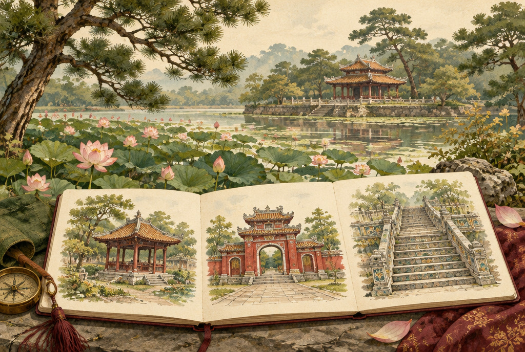 Minh họa sổ phác họa kiến trúc bên hồ và cây xanh, gợi cách chọn lăng tẩm Huế