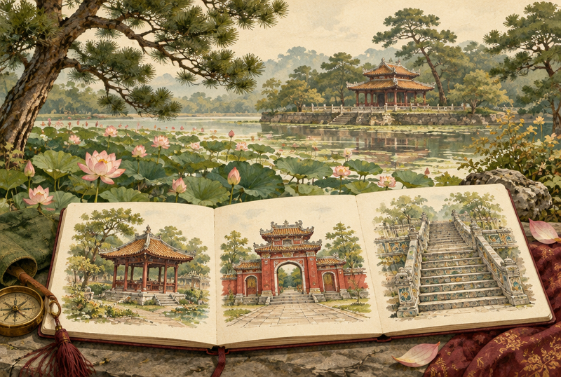 Minh họa sổ phác họa kiến trúc bên hồ và cây xanh, gợi cách chọn lăng tẩm Huế