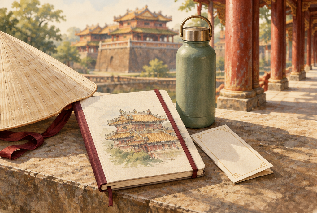 Minh họa sổ tay tham quan, nón lá và bình nước bên hành lang kiến trúc Huế
