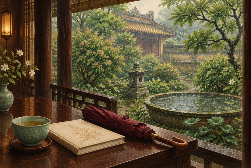 Minh họa chén trà, sách và ô đỏ dưới hiên gỗ nhìn ra vườn Huế trong mưa
