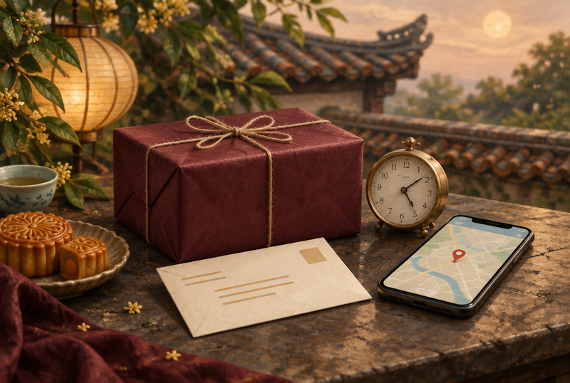 Minh họa chuẩn bị giao quà với địa chỉ, đồng hồ và bản đồ