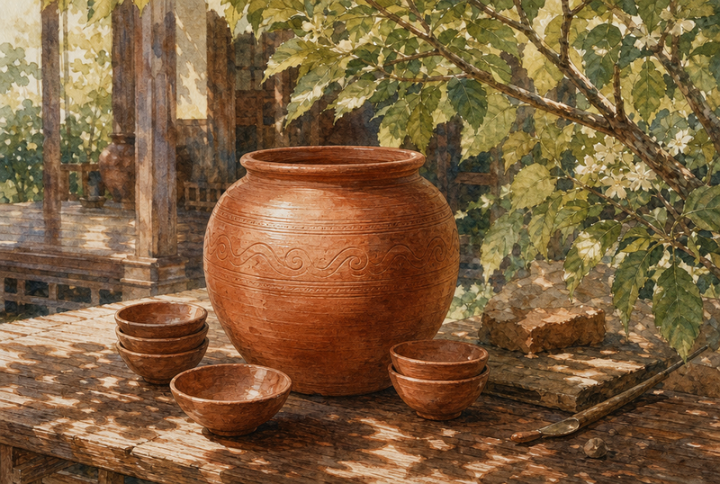 Tranh minh họa đồ gốm đất nung bên hiên gỗ và bóng lá vườn
