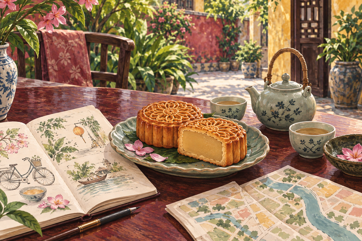 Illustration of mooncakes and tea beside a traveller’s notebook in a Hue-inspired garden setting.