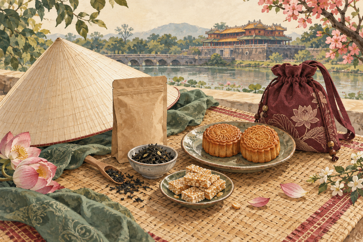 Minh họa lựa chọn quà Huế: nón lá, trà, mè xửng và bánh Trung Thu bên túi du lịch.