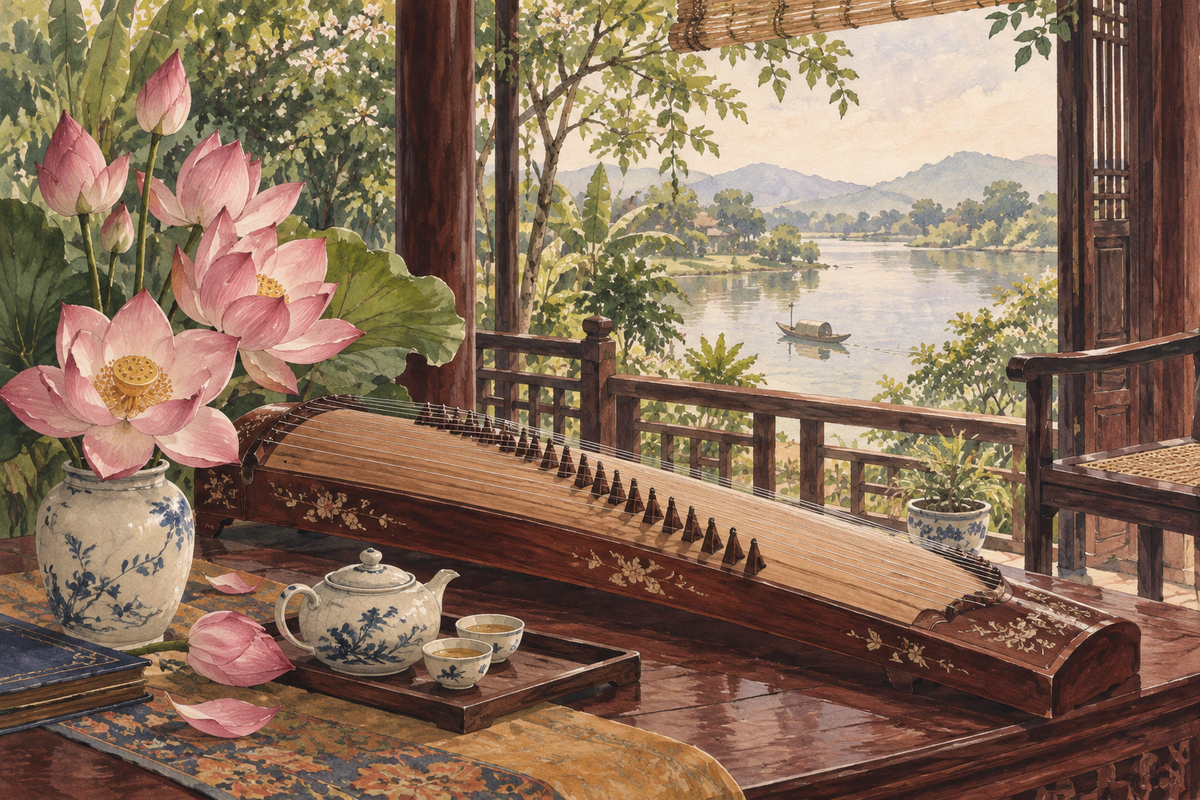 Minh họa văn hóa Huế qua nhà vườn, dòng sông, đàn tranh, hoa giấy và trà.