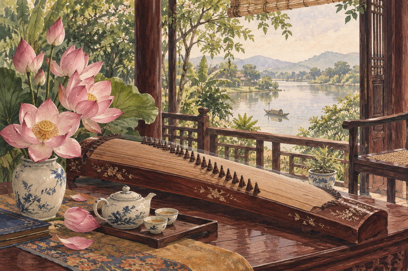 Minh họa văn hóa Huế qua nhà vườn, dòng sông, đàn tranh, hoa giấy và trà.